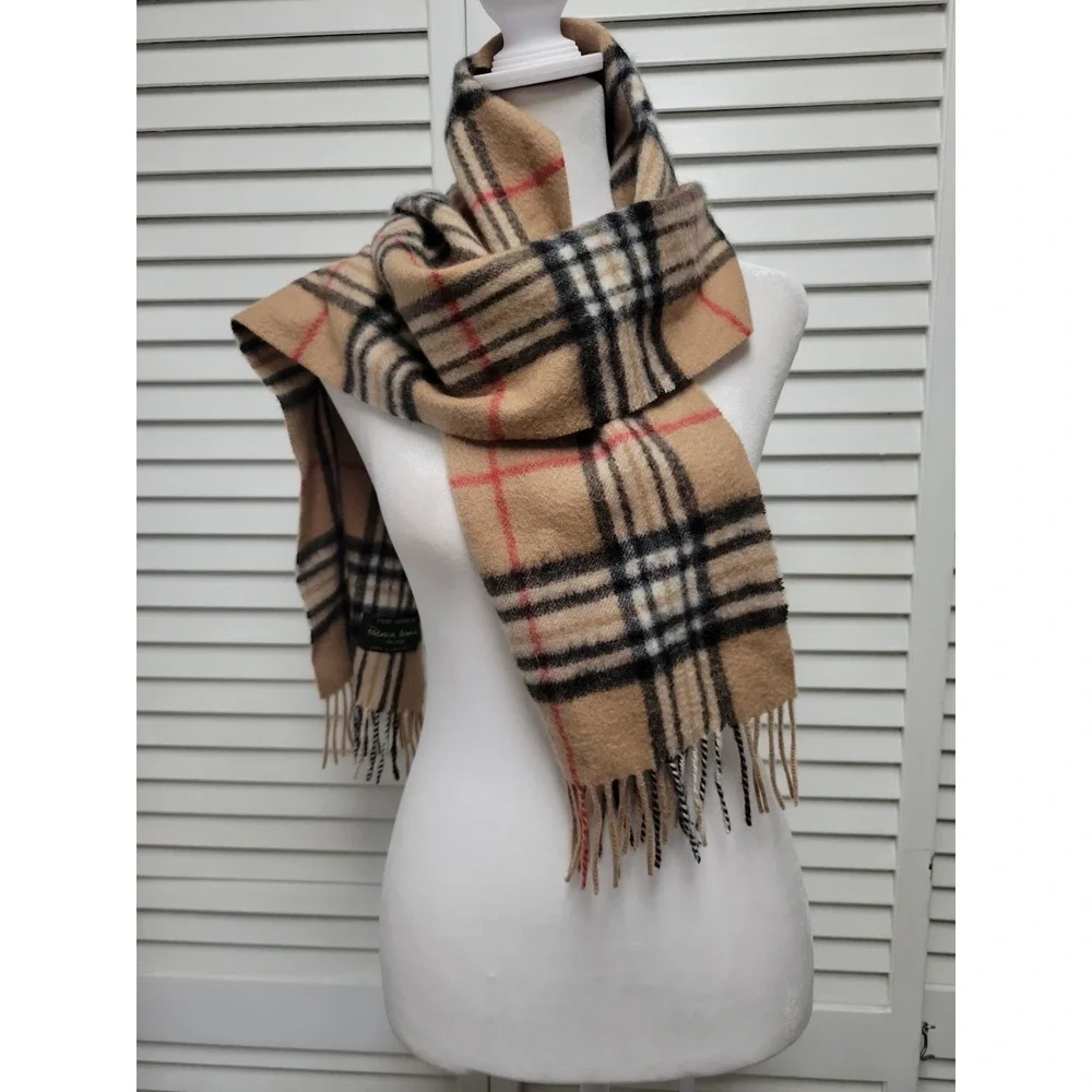 Patrick Francis Ireland 100% Pure Cashmere Scarf Tan Tartan Plaid Fringed EUC